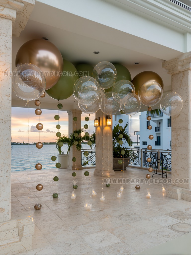Olive Gold Hanging Balloon Garland Setup gallery image 3