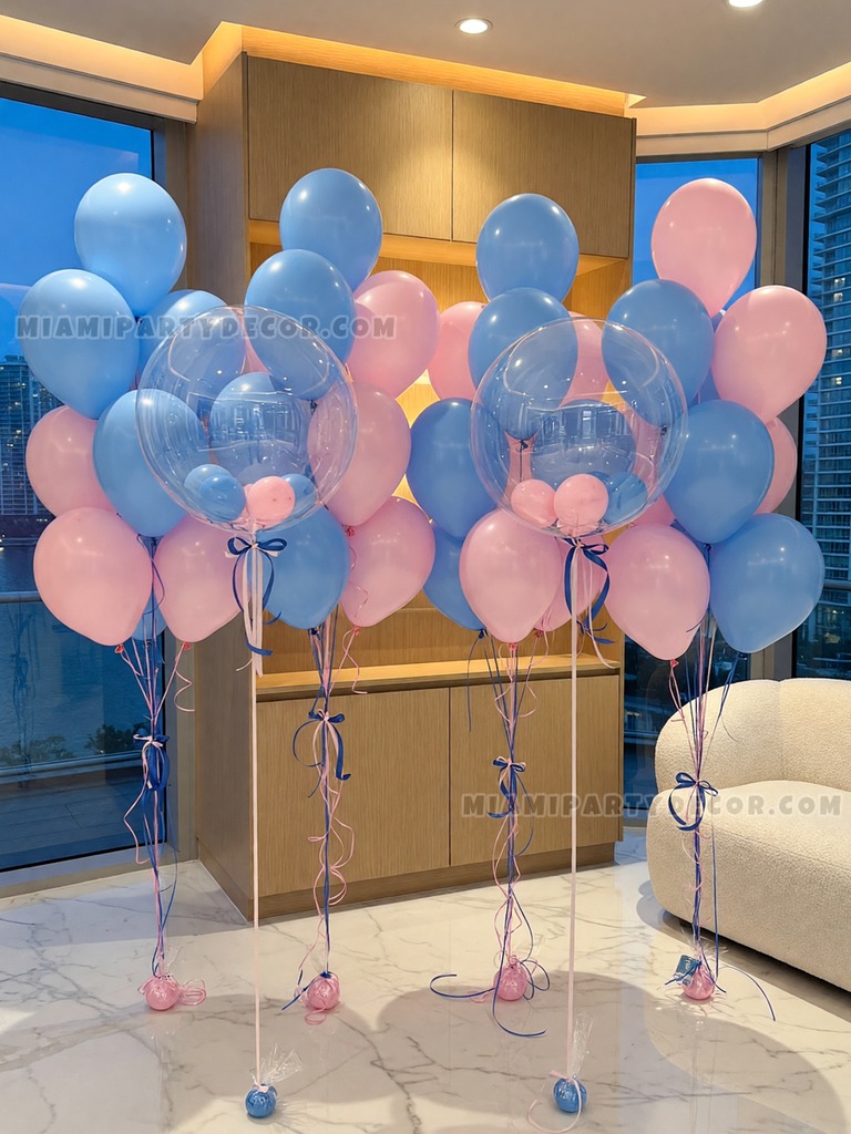 Pink Blue Helium Balloon Bouquet Setup