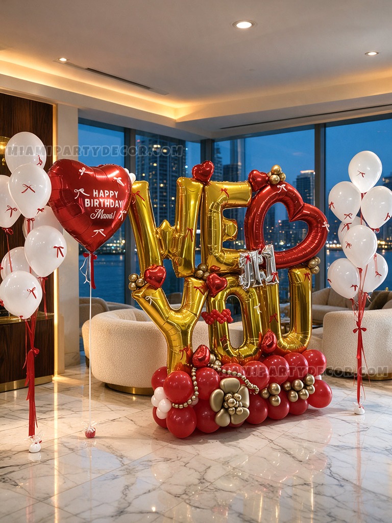Red and Gold Birthday Balloon Sculpture Setup gallery image 2