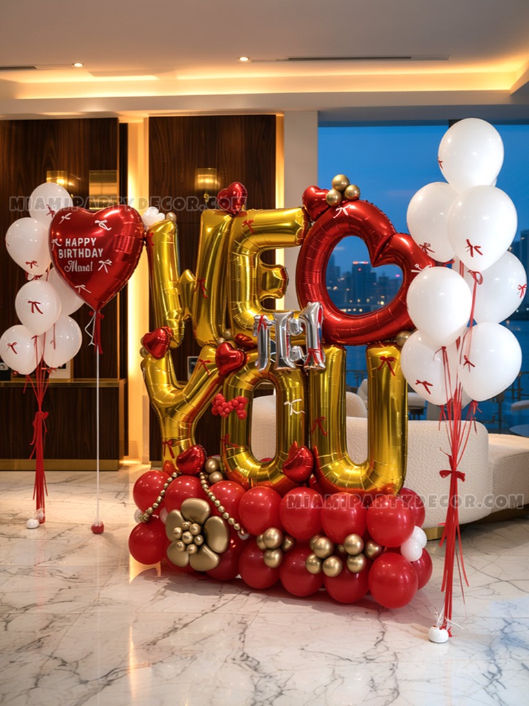 Red and Gold Birthday Balloon Sculpture Setup gallery image 3