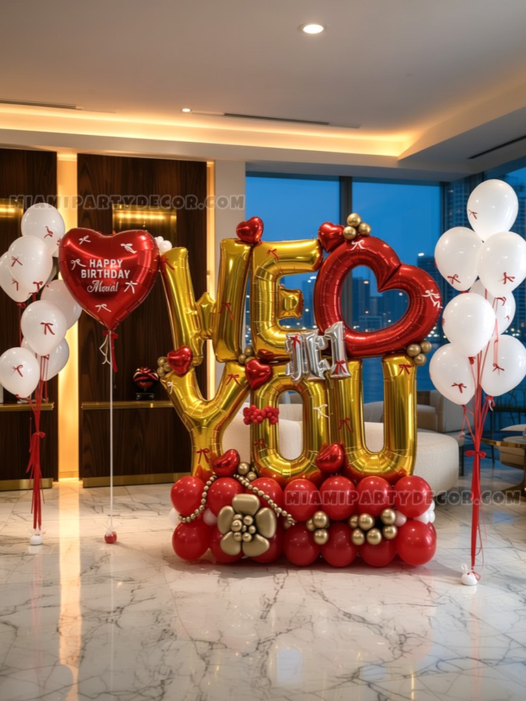 Red and Gold Birthday Balloon Sculpture Setup