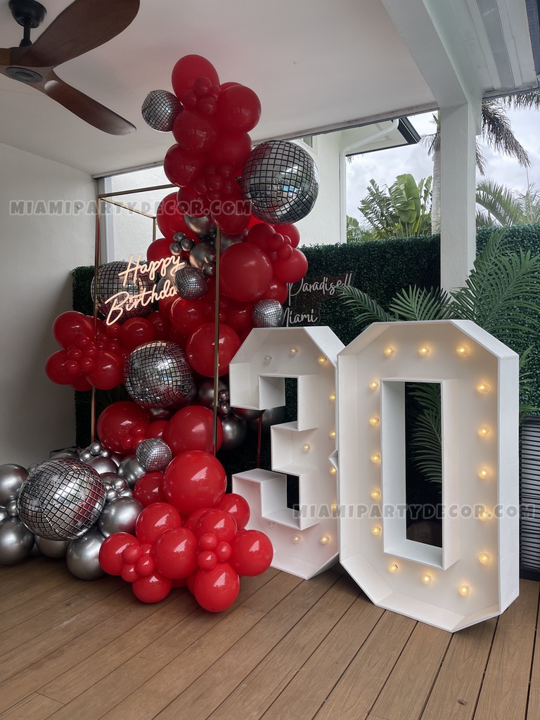 Red and Silver 30th Birthday Balloon Garland Setup gallery image 2