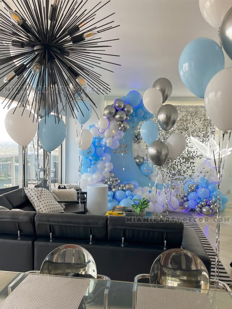 Welcome Home Decoration in Miami with Blue Moon Backdrop image 3