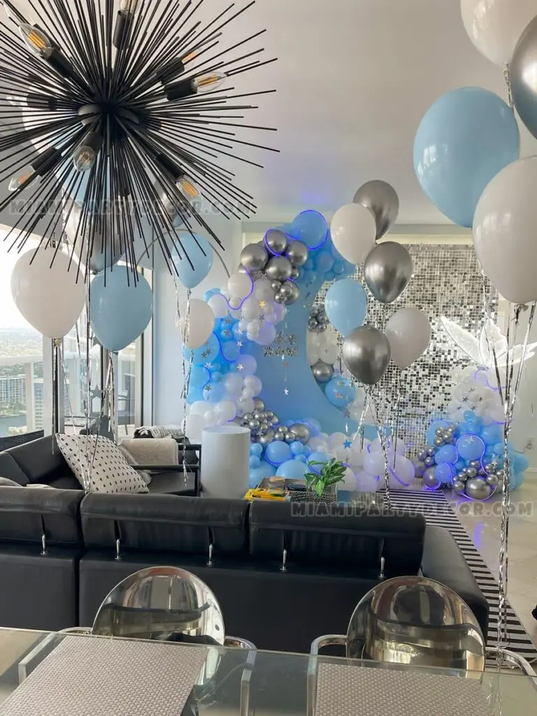 Welcome Home Decoration in Miami with Blue Moon Backdrop image 3
