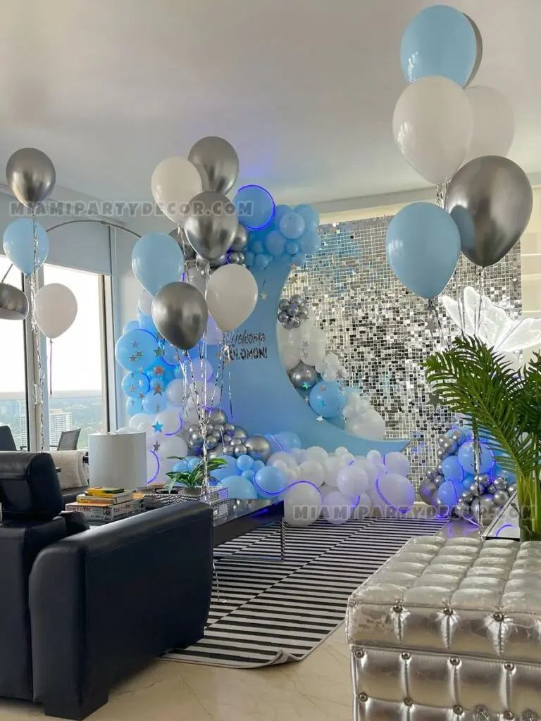 Welcome Home Decoration in Miami with Blue Moon Backdrop image 6