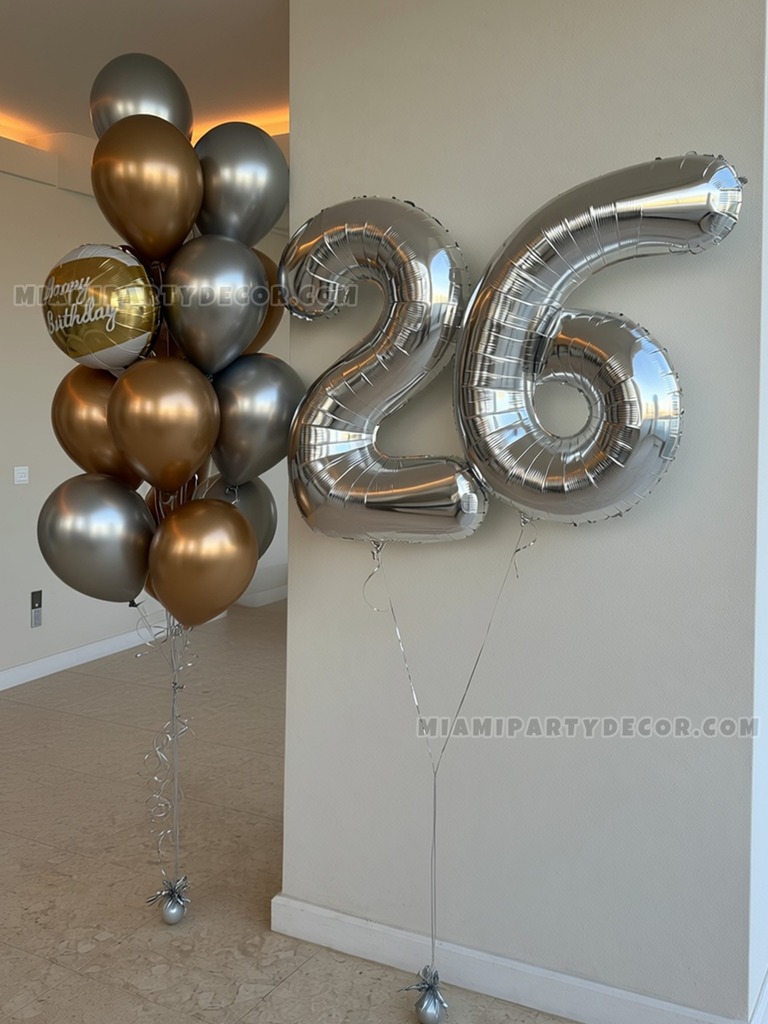 Silver and Gold 26th Birthday Balloon Bouquet Setup gallery image 3