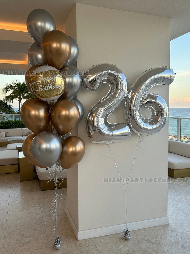 Silver and Gold 26th Birthday Balloon Bouquet Setup